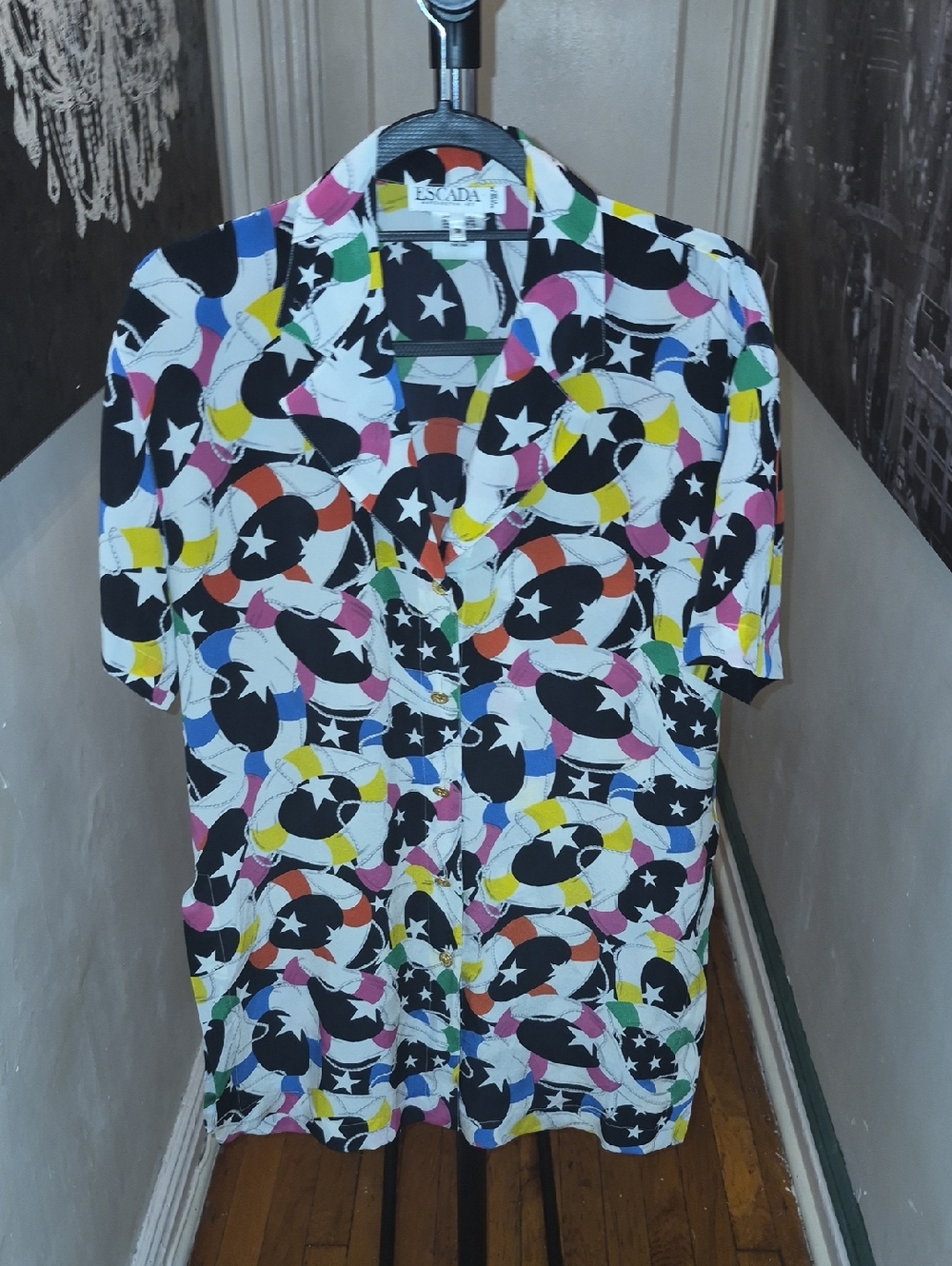Escada Multicolor Star & Crescent Print Short Sleeve Shirt